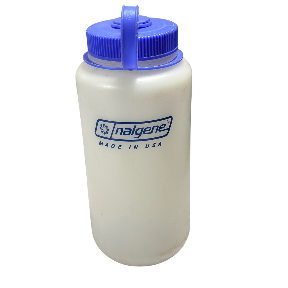 Nalgene Water Bottle 32oz Translucent White Blue HDPE Wide Mouth Hiking Vintage